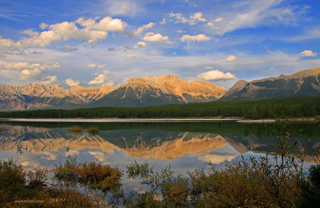 A dramatic scene from the Canadian Rockies. A blue sky filled with dumpling puffs of clouds dominates distant mountain tops that are also reflected in the water of a large lake at their base, interrupted by a coniferous forest in the distance that bisects the image horizontally.