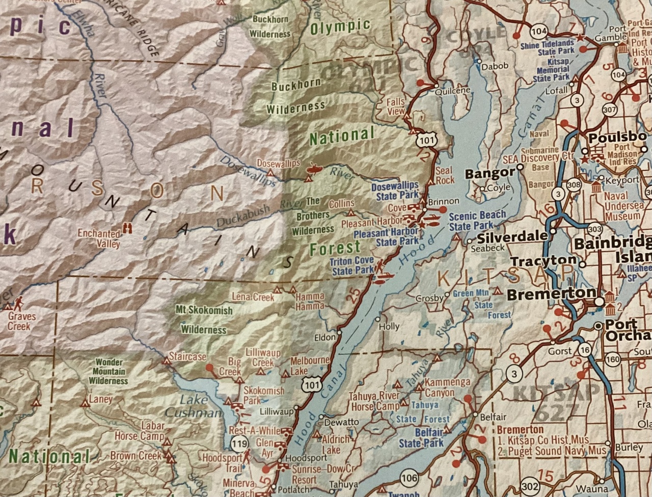 A close up of the paper map of the general vicinity of my trip to the Hood Canal.